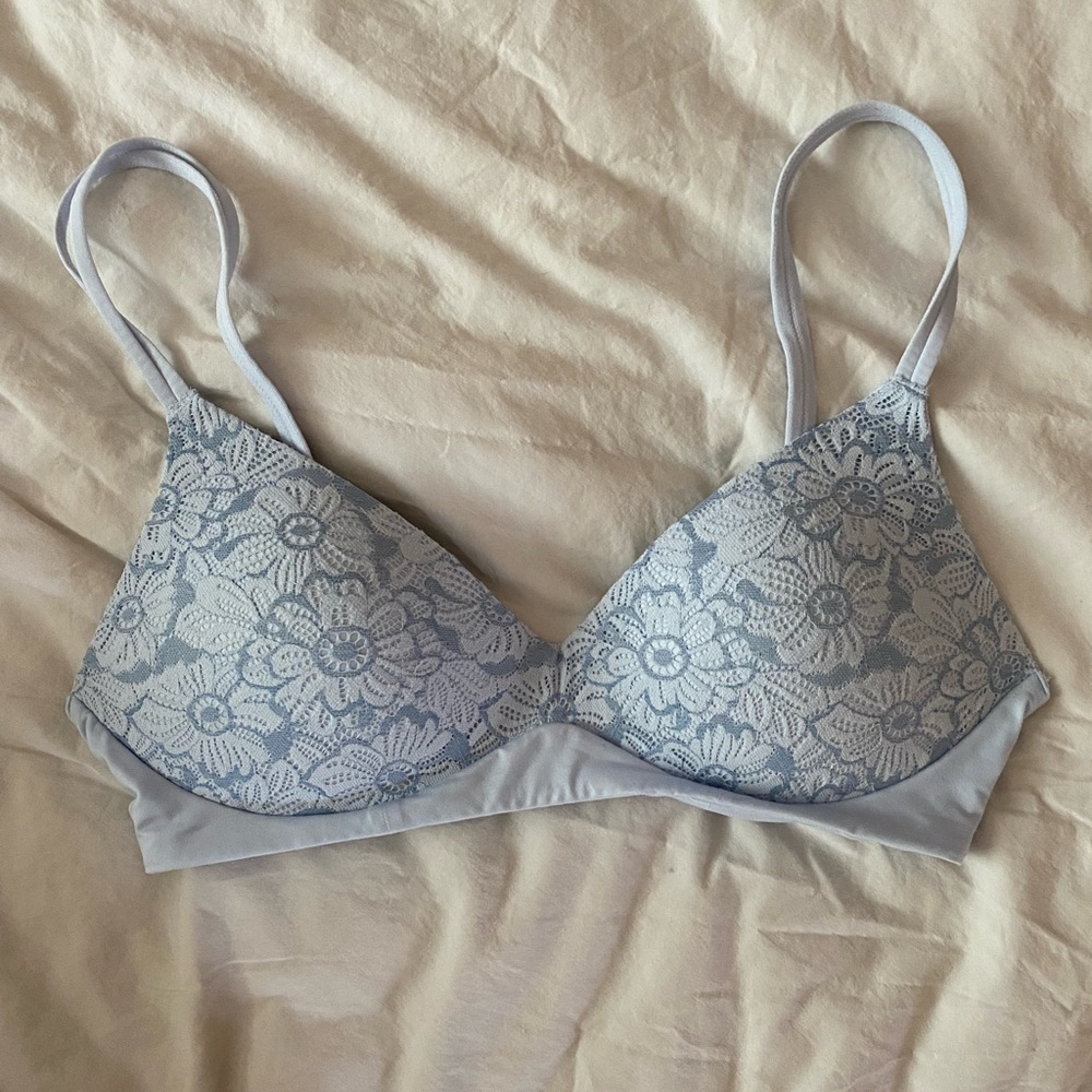 Aerie Sunnie Wireless Push Up Blossom Lace Bra, 34C, Light Blue, LIKE NEW